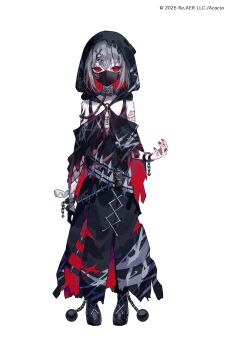 1girl absurdres arm_tattoo ball_and_chain_restraint black_boots black_collar black_dress boots collar colored_inner_hair copyright_notice covered_mouth cuffs dress empty_eyes full_body gauze grey_hair hair_ornament highres hood hood_up looking_at_viewer magical_girl mahou_shoujo_no_majo_saiban mask mouth_mask multicolored_hair nail_polish official_art pale_skin red_eyes red_hair red_nails second-party_source shackles shito_alisa short_hair simple_background solo standing tachi-e tattoo torn_clothes torn_dress umemaro_(siona0908) white_background x_hair_ornament