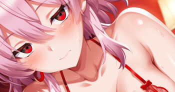 1girl bare_shoulders bilingual_commentary blush bra breasts censored closed_mouth collarbone commentary commentary_request cropped english_commentary evernight_(honkai:_star_rail) hair_between_eyes honkai:_star_rail honkai_(series) indoors large_breasts long_hair looking_at_viewer march_7th_(honkai:_star_rail) mixed-language_commentary pink_hair red_bra red_eyes revision solo sweat takashia underwear