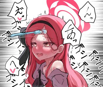 Rule 34 | 1girl, afterimage, black bow, black hairband, blue archive, blush, bow, collared shirt, commentary, forehead, furrowed brow, hair behind ear, hair bow, hairband, halo, heart, highres, long hair, moaning, motion lines, nose blush, not on shana, open mouth, parted bangs, red hair, red halo, sexually suggestive, shirt, simple background, single bare shoulder, solo, sound effects, speech bubble, sweat, takane (blue archive), tearing up, tongue, tongue out, toothbrush, translated, tsurime, twitching, upper body, very long hair, wavy mouth, white background, white shirt, yellow eyes