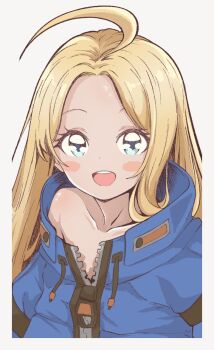 1girl ahoge blonde_hair blue_eyes blue_jacket blush_stickers border collarbone commentary diana_(pragmata) drawstring english_commentary eyelashes flat_chest jacket long_hair long_sleeves looking_at_viewer open_mouth pettan_(zeez4743) pragmata sidelocks smile solo teeth upper_body upper_teeth_only white_background white_border zipper zipper_pull_tab