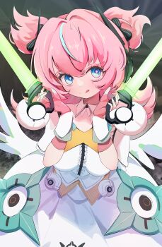 Rule 34 | 1girl, :q, absurdres, aria (zenless zone zero), black bow, blue eyes, bow, breasts, commentary, dress, english commentary, fingerless gloves, gloves, glowstick, hair bow, hands up, highres, holding, holding glowstick, looking at viewer, multicolored hair, pink gloves, pink hair, smile, solo, streaked hair, tongue, tongue out, white dress, white wings, wings, youp (youp art), zenless zone zero