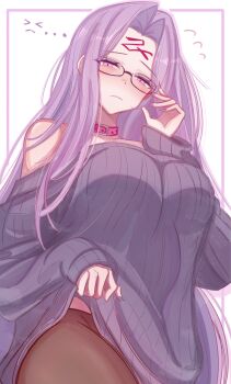>_< ... 0nineo9 1girl absurdres bare_shoulders black_sweater border breasts brown_pantyhose cleavage closed_mouth collar facial_mark fate/stay_night fate_(series) forehead forehead_mark glasses highres large_breasts long_hair long_sleeves looking_at_viewer medusa_(fate) medusa_(rider)_(fate) pantyhose parted_bangs pink_border purple_eyes purple_hair sidelocks simple_background solo sweater very_long_hair white_background
