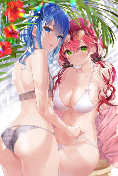 2girls ass back bare_arms bare_shoulders bikini blue_eyes blue_hair bow breasts butt_crack cleavage collarbone eyewear_on_head flower frilled_bikini frills from_behind green_eyes grey_background hair_bow hair_ornament halterneck heart heart-shaped_eyewear hibiscus highres hololive hoshimachi_suisei jacket large_breasts long_hair looking_at_viewer looking_back low_twintails motsunuki multiple_girls navel off_shoulder open_clothes open_jacket parted_lips pink_jacket plaid_bikini plaid_clothes pulling_another&#039;s_clothes red_flower red_hair sakura_miko side-tie_bikini_bottom side_ponytail sitting small_breasts stomach stool strap_pull string_bikini sunglasses swimsuit thighs twintails unmoving_pattern virtual_youtuber white_bikini x_hair_ornament
