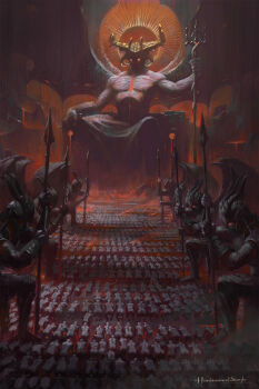 6+boys artist_name colored_sclera commentary dark_halo demon demon_wings english_commentary glowing glowing_eyes goliath_the_giant_of_gath halo harshanandsingh highres holding holding_polearm holding_polearm holding_weapon horns kneeling multiple_boys polearm red_halo red_sclera satan_(mythology) snake spear trident weapon wings worship yellow_eyes