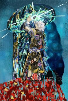 Rule 34 | 1boy, abstract, blue eyes, character request, ferren101, glowing, hands up, highres, kagurabachi, male focus, screaming, symbolism, white hair