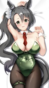 1girl absurdres animal_ears arm_up armpits blush breasts cleavage commentary_request crown detached_collar ear_through_crown green_eyes green_hair green_leotard highres horse_ears horse_girl large_breasts leotard long_hair looking_at_viewer lying mini_crown necktie nontraditional_playboy_bunny on_back open_mouth p1_fcoyaa red_necktie satono_crown_(umamusume) smile solo strapless strapless_leotard umamusume white_wrist_cuffs wrist_cuffs