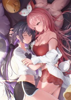 2girls bare_shoulders black_hair black_shorts borrowed_character breasts cat_tail cheshire_(rosuuri) chia-yu_huang cleavage crop_top hand_on_another&#039;s_head indie_virtual_youtuber jacket large_breasts long_hair long_sleeves low_twintails lying multicolored_hair multiple_girls on_bed pink_hair pinku_(vtuber) purple_hair rabbit_tail red_eyes red_shirt red_shorts shirt short_sleeves shorts spaghetti_strap tail twintails two-tone_hair virtual_youtuber white_jacket white_shirt