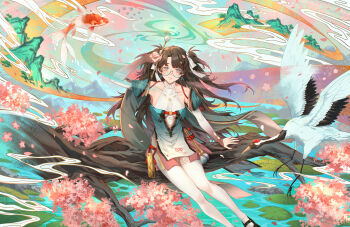 1girl absurdres aqua_dress aqua_eyes arm_up bird bodystocking breasts brown_hair chinese_commentary commentary_request dress earrings glasses gradient_clothes gradient_dress hair_ribbon highres holding holding_paintbrush jewelry koi long_hair looking_at_viewer multicolored_eyes on_branch paintbrush parted_lips pink_eyes ribbon round_eyewear sagi_(sagi_0116) sitting small_breasts smile solo two-tone_eyes two_side_up white_ribbon wuthering_waves zhezhi_(wuthering_waves)