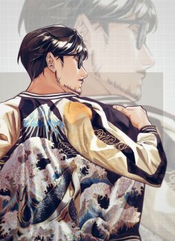 1boy anthonykaen beard_stubble black-framed_eyewear black_jacket chinese_commentary commentary_request facial_hair from_behind highres jacket koijma_hideo long_sleeves male_focus mustache nose print_jacket profile real_life removing_jacket solo stubble undressing upper_body zoom_layer