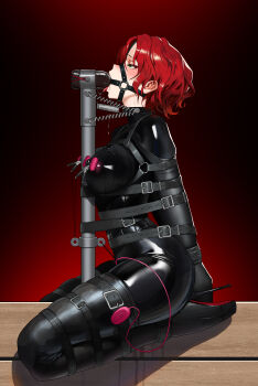1girl absurdres arm_binder armbinder arms_behind_back bdsm blush bodysuit bondage bound breasts collar deepthroat dildo drooling egg_vibrator elegia fellatio gag gag_harness gagged green_eyes harness high_heels highres large_breasts latex latex_bodysuit looking_to_the_side medium_hair nipple_clamps oral original pussy_juice red_hair restrained ring_gag separated_legs sex_toy shibari shibari_over_clothes shiny_clothes simulated_fellatio skin_tight skindentation slave solo tongue tongue_out vibrator wooden_horse