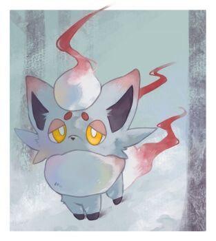 Rule 34 | animal focus, bright pupils, commentary request, e eee g, grey fur, hisuian zorua, looking at viewer, nintendo, no humans, pokemon, pokemon (creature), pokemon focus, snow, tail, white fur, white pupils, yellow eyes