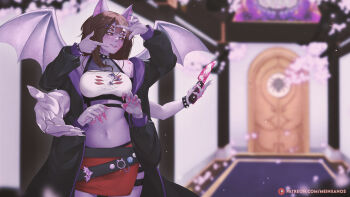 animal_ears arthropod_girl bat_ears blood bloody_knife brown_hair clothing_cutout colored_sclera colored_skin crop_top dante_will dante_will_(spider) extra_arms extra_eyes fingernails highres holding indie_virtual_youtuber indoors insect_girl jacket knife long_hair meiniianos monster_girl navel_cutout neobaka purple_skin red_sclera sharp_fingernails spider_girl wings