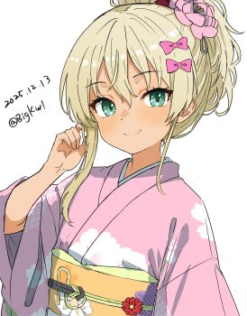 1girl absurdres bigkwl blonde_hair blush bow closed_mouth commentary dated dated_commentary flower grecale_(kancolle) grecale_(new_year)_(kancolle) green_eyes hair_between_eyes hair_bow hair_flower hair_ornament hand_up highres japanese_clothes kantai_collection kimono long_sleeves looking_at_viewer obi one-hour_drawing_challenge pink_bow pink_flower pink_kimono sash short_hair simple_background smile solo twitter_username upper_body white_background wide_sleeves yellow_sash
