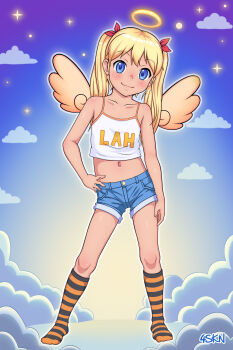1girl absurdres angel_wings blonde_hair blue_eyes blue_shorts blush cleft_of_venus closed_mouth cloud collarbone female_focus flat_chest forsaken_(artist) full_body hair_ribbon halo hand_on_own_hip highres legs_apart loli looking_at_viewer medium_hair midriff navel no_shoes original red_ribbon ribbon shirt short_shorts shorts sky sleeveless sleeveless_shirt smile socks solo standing star_(symbol) star_symbol_background striped_clothes striped_socks thighs twintails white_shirt white_wings wings