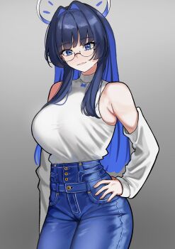1girl absurdres alternate_hair_length_(longer) armpit_crease black_hair blue_eyes blue_hair blue_halo blue_pants breasts closed_mouth colored_inner_hair commentary denim glasses gradient_background grey_background hair_intakes halo hand_on_own_hip high-waist_pants highres hololive hololive_english jeans large_breasts looking_at_viewer miyahrk1221 multicolored_hair official_alternate_costume ouro_kronii ouro_kronii_(casual) pants solo sweater untranslatable_commentary virtual_youtuber white_sweater