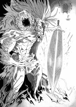 913kousatu absurdres bloodborne cape commentary_request full_body greyscale highres holding holding_sword holding_weapon horse looking_at_viewer ludwig_the_accursed monochrome monster moonlight_greatsword no_humans open_mouth solo standing sword teeth torn_cape torn_clothes weapon