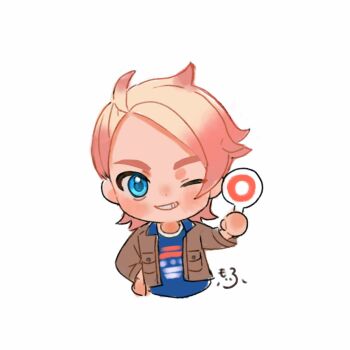 1boy blonde_hair blue_eyes blue_shirt brown_jacket chibi chibi_only cropped_torso grin hand_on_own_hip hand_up happy highres holding holding_paddle jacket long_sleeves looking_at_viewer male_focus medium_hair mofumofuyarou nintendo one_eye_closed open_clothes open_jacket paddle pokemon pokemon_legends:_z-a print_shirt shirt simple_background smile solo teeth upper_body urbain_(pokemon) white_background