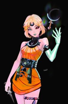 1girl ancient_greek_clothes asymmetrical_arms black_sclera blonde_hair bone breasts colored_sclera dress glowing_arm greco-roman_clothes green_eyes green_lips hades_(series) hades_2 heterochromia highres laurel_crown melinoe_(hades) mismatched_sclera orange_dress red_eyes rw2bi see-through_body short_hair skeletal_arm smile solo
