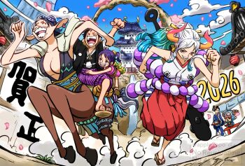 2026 2boys 4girls animal_ears apple7apo blue_sky breasts chinese_zodiac clenched_hands dated earrings fur_trim hakama happy horns horse_(chinese_zodiac) horse_ears horse_girl horse_tail japanese_clothes jewelry kimono kurozumi_tama large_breasts looking_at_another monkey_d._luffy multiple_boys multiple_girls one_piece open_mouth outdoors ponytail riding riding_animal riding_person running short_hair sky speed_(one_piece) tail tony_tony_chopper wanokuni yamato_(one_piece) year_of_the_horse