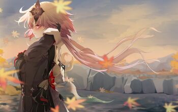1girl absurdres commentary dress evernight_(honkai:_star_rail) flower gem gloves hair_flower hair_ornament hairclip highres honkai:_star_rail honkai_(series) layered_dress leaf long_hair maple_leaf march_7th_(honkai:_star_rail) memeiradesuyo outdoors parallel_hairclips pink_hair red_eyes red_gemstone river sky very_long_hair