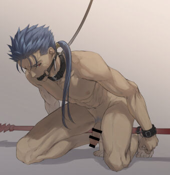 1boy bar_censor barefoot bdsm blue_hair blue_pubic_hair bondage bound censored collar colored_pubic_hair completely_nude cu_chulainn_(fate) cu_chulainn_(lancer)_(fate) fate/stay_night fate_(series) flaccid full_body gag gagged highres kneeling leash long_hair looking_at_viewer male_focus male_pubic_hair mondi_hl nipples nude o-ring penis ponytail pubic_hair red_eyes restrained solo