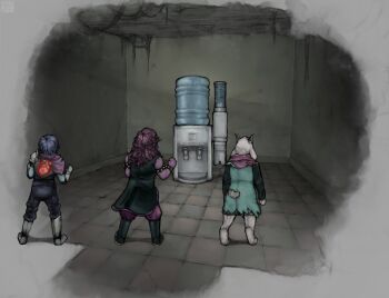 1boy 1girl 1other androgynous animal_ears armlet armor blue_hair blue_skin bracelet cape clenched_hands colored_skin deltarune fake_screenshot fear_&amp;_hunger_(series) fear_&amp;_hunger_1 from_behind full_body furry furry_female furry_male gauntlets gloves goat_boy goat_ears greaves heart_(organ) highres horns indoors jewelry kasugmond kris_(dark_world)_(deltarune) kris_(deltarune) pants parody pink_scarf purple_skin ralsei scarf short_hair shoulder_guard spiked_armlet spiked_bracelet spikes standing style_parody susie_(dark_world)_(deltarune) susie_(deltarune) tile_floor tiles utdr_(toby_fox) water_cooler