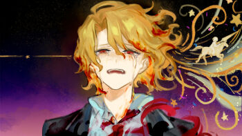 1girl absurdres black_coat blonde_hair blood blood_in_hair blood_on_clothes blood_on_face coat crying crying_with_eyes_open curtained_hair d: don_quixote_(project_moon) half-closed_eyes headshot highres horseback_riding lance limbus_company looking_at_viewer nishikujic open_mouth polearm popped_collar project_moon red_eyes riding shirt short_hair solo star_(symbol) swirl tears upper_body weapon white_shirt