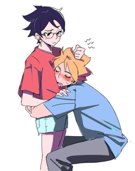 1boy 1girl alternate_costume aqua_shorts black-framed_eyewear black_eyes black_hair black_pants blonde_hair blue_shirt blush boruto:_two_blue_vortex casual cat_(pixiv5891854) closed_eyes commentary_request earrings facial_mark glasses highres hug invisible_chair jewelry looking_to_the_side naruto_(series) pants pointy_ears red_shirt shirt short_hair short_sleeves shorts simple_background sitting sleeping uchiha_sarada uchiha_symbol uzumaki_boruto white_background