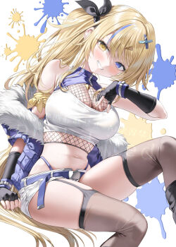 1girl armpit_crease bare_shoulders belt black_gloves blonde_hair blue_eyes blue_jacket breasts brown_thighhighs cleavage commentary_request crop_top fingerless_gloves fishnet_top fishnets fur_trim garter_straps gloves grin hair_ornament hair_ribbon heterochromia highleg highres jacket knee_up large_breasts long_hair looking_at_viewer micro_shorts midriff multicolored_hair navel ninja off_shoulder open_clothes open_jacket original panty_straps ribbon shirt short_shorts shorts side_ponytail simple_background sitting skindentation sleeveless sleeveless_shirt smile solo stomach streaked_hair thighhighs thighs very_long_hair white_background white_shirt white_shorts x_hair_ornament yana_mori yellow_eyes