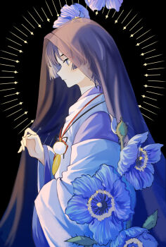 Rule 34 | 1boy, black background, blue flower, chinese commentary, clothing request, commentary request, flower, flower request, from side, frown, genshin impact, hand up, japanese clothes, kimono, lillianxy417, long sleeves, looking down, male focus, profile, purple eyes, purple hair, scaramouche (genshin impact), scaramouche (kabukimono) (genshin impact), short hair, simple background, sleeves past fingers, sleeves past wrists, solo, unhappy, upper body, veil, white kimono