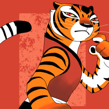 1girl animal_ears closed_mouth colored_sclera commentary_request furry furry_female kung_fu_panda leaf looking_at_viewer maple_leaf onikobe_rin red_background red_eyes red_shirt shirt sleeveless sleeveless_shirt solo tail tiger_ears tiger_girl tiger_tail tigress_(kung_fu_panda) upper_body whiskers yellow_sclera