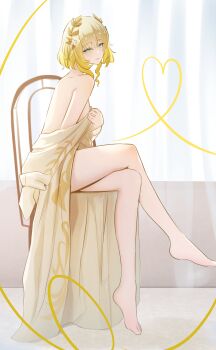 Rule 34 | 1girl, absurdres, aglaea (honkai: star rail), barefoot, blonde hair, breasts, chair, closed mouth, commentary request, crossed legs, flower, greco-roman clothes, hair flower, hair ornament, heart, heart of string, highres, honkai: star rail, honkai (series), legs, looking at viewer, memeiradesuyo, on chair, short hair, simple background, sitting, smile, solo, thighs, white background