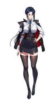 1girl absurdres black_hair black_jacket black_necktie black_shoes black_skirt black_thighhighs brown_eyes collared_shirt earrings full_body highres jacket jacket_on_shoulders jewelry necktie official_art seorin shirt shoes simple_background skirt solo solo_leveling solo_leveling:_arise thighhighs transparent_background white_shirt