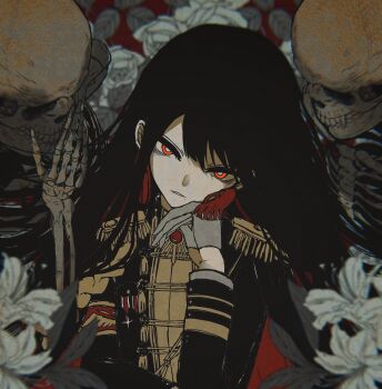 1girl absurdres black_dress black_hair blurry blurry_background bone bright_pupils chromatic_aberration colored_inner_hair dress earrings epaulettes flower gloves hand_on_own_cheek hand_on_own_face highres jacket jewelry long_hair long_sleeves looking_at_viewer medal military_jacket military_uniform mole multicolored_hair original red_eyes skeleton skull tassel tassel_earrings washiya0