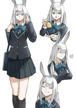 1girl :d ^_^ absurdres arknights bag bandaid bandaid_on_face bandaid_on_nose black_jacket black_skirt black_socks blazer blue_bow blue_bowtie bow bowtie buttons chopsticks closed_eyes closed_mouth collared_shirt commentary crossed_arms eyes_visible_through_hair food frostnova_(arknights) hair_ornament hairclip hand_in_own_hair highres holding holding_chopsticks incoming_food jacket kneehighs long_hair long_sleeves looking_at_viewer multiple_views open_mouth pleated_skirt pout puff_of_air school_bag school_uniform shirt simple_background skirt smile socks white_background white_hair white_shirt yagi000