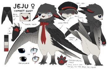 1girl animal_ears beak bird bird_girl bird_legs black_beak black_eyes black_hat bow bowtie chimney_swift claws closed_eyes colored_sclera full_body furry furry_female grey_feathers grey_tail hat heterochromia highres jejejunum jeju_(jejejunum) neck_fur original partially_blind pawpads red_bow red_bowtie red_ribbon reference_sheet ribbon scar scar_across_eye scar_on_face simple_background solo standing white_background white_eyes winged_arms wings yellow_sclera