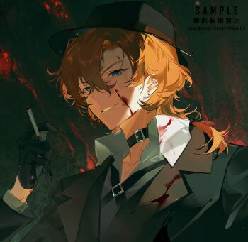 1boy belt_collar between_fingers black_gloves blue_eyes bungou_stray_dogs cigarette coat collar collared_shirt commentary cross_tie english_commentary fedora gloves hair_between_eyes hat highres holding holding_cigarette male_focus medium_hair nakahara_chuuya_(bungou_stray_dogs) narcissus_curse orange_hair parted_lips shirt solo teeth watermark white_shirt