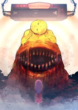 1other absurdres blood closed_mouth employee_(project_moon) english_text highres horror_(theme) imminent_death lobotomy_corporation long_hair machine monster nameless_fetus nugget_(project_moon) project_moon purple_hair sabaage smoke standing teeth
