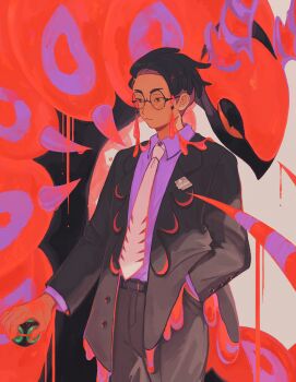 1boy absurdres belt belt_buckle black-framed_eyewear black_belt black_coat black_pants buckle closed_mouth coat collared_shirt corbeau_(pokemon) cowboy_shot dusk_ball frown gen_5_pokemon glasses hand_in_pocket highres holding holding_poke_ball layered_sleeves long_sleeves looking_at_viewer male_focus necktie nintendo pants poke_ball pokemon pokemon_(creature) pokemon_legends:_z-a purple_hair purple_shirt red_eyes round_eyewear rowa_(maro_kyrw) scolipede shirt short_hair solo standing white_background white_necktie wing_collar