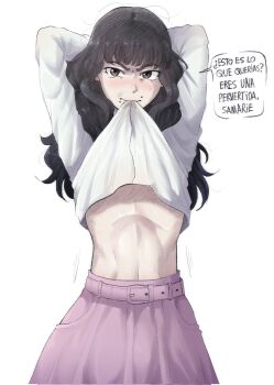 1girl commentary fear_&amp;_hunger_(series) fear_&amp;_hunger_2:_termina highres long_hair marina_(fear_&amp;_hunger) shirt simple_background solo spanish_commentary standing tidal_(tidaltides) white_background white_shirt