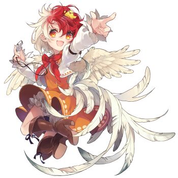 1girl animal animal_on_head baby_animal bird bird_on_head bird_tail bird_wings blonde_hair bloomers boots bow bowtie brown_boots chick chicken dress feathered_wings fingernails full_body game_cg hakurei_frontier_spell_strive high_heel_boots high_heels holding holding_whistle long_sleeves looking_at_viewer medium_hair multicolored_hair niwatari_kutaka official_art on_head open_mouth orange_dress pointing red_bow red_bowtie red_eyes red_hair smile solo tail third-party_source touhou toutenkou transparent_background two-tone_hair underwear whistle white_bloomers wings yellow_wings