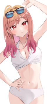 1girl absurdres bikini blush breasts cleavage closed_mouth colored_inner_hair commentary_request earrings eyewear_on_head gold_earrings gold_necklace hand_on_own_hip heart heart_necklace highres hololive hololive_dev_is ichijou_ririka jewelry large_breasts looking_at_viewer multicolored_hair necklace orange_eyes orange_hair pink_hair smile solo sunglasses swimsuit uw_chanmaru virtual_youtuber white_bikini