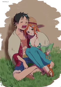 1boy 1girl 2025 absurdres bangle bikini bikini_top_only black_hair blue_pants blue_shorts blush book bracelet breasts closed_eyes closed_mouth collarbone commentary cross_scar denim earrings facial_scar full_body fur-trimmed_shorts fur_trim grass green_bikini hat head_on_another&#039;s_shoulder high_heel_sandals highres holding holding_book indian_style jeans jewelry large_breasts leaning_on_person light_smile long_hair monkey_d._luffy nami_(one_piece) nami_(one_piece)_(return_to_sabaody) norisiro_0 official_alternate_costume one_piece open_book open_clothes open_mouth open_shirt orange_hair pants pearl_earrings red_shirt sandals sash scar scar_on_cheek scar_on_chest scar_on_face shared_blanket shirt short_hair shorts single_sidelock sitting straw_hat striped_bikini striped_clothes swimsuit symbol-only_commentary wavy_hair yawning yellow_sash