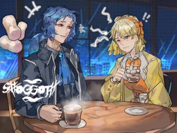 +++ 1boy 1girl artist_name ascot black_coat black_shirt blonde_hair blue_ascot blue_eyes blue_hair bow bowtie brooch chair cityscape coat coffee cup food hairband highres holding holding_cup jewelry lapels library_of_ruina looking_at_another marshmallow medium_hair notched_lapels official_alternate_costume open_clothes open_coat orange_bow orange_bowtie orange_hairband orange_pants orange_shirt pants project_moon round_table shirt shoggoth_(sirens20211) sitting steam table tiphereth_a_(project_moon) watermark window yellow_coat yesod_(project_moon)