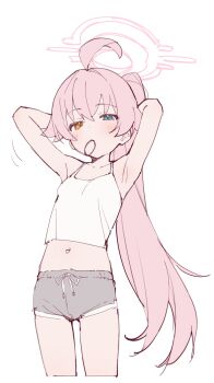 1girl adjusting_hair ahoge armpits arms_behind_head blue_archive blue_eyes breasts camisole halo heterochromia highres hoshino_(armed)_(blue_archive) hoshino_(blue_archive) long_hair midriff mouth_hold navel pink_hair ponytail rakugaki_ningen simple_background small_breasts solo standing thighs very_long_hair white_background white_camisole white_halo yellow_eyes