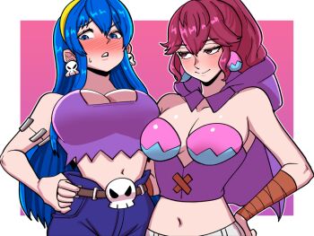 2girls alternate_breast_size_(larger) anna_(fire_emblem) blue_eyes blue_hair breasts caeda_(fire_emblem) cosplay fire_emblem fire_emblem_heroes highres large_breasts mnejing30 multiple_girls nintendo red_hair rottytops rottytops_(cosplay) shantae_(series) sky_(shantae)