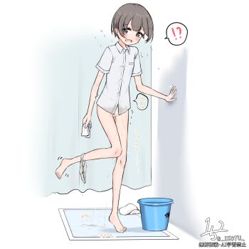 !? 1girl barefoot blush bottomless breast_pocket brown_hair collared_shirt commentary_request embarrassed flying_sweatdrops full_body highres holding leg_up open_mouth original paid_reward_available panties panties_around_leg pee peeing pocket puddle shirt short_hair short_sleeves solo speech_bubble spoken_interrobang standing standing_on_one_leg sweat trembling underwear white_panties white_shirt zagashira