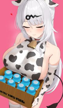 1girl 4kebidayo animal_ears animal_print bare_shoulders bell breast_milk_in_container breasts closed_eyes commentary_request cow_ears cow_print cow_print_gloves cow_print_thighhighs cow_tail cowbell gloves highres large_breasts long_hair print_gloves print_thighhighs sideboob solo tail thighhighs white_hair yixuan_(zenless_zone_zero) zenless_zone_zero