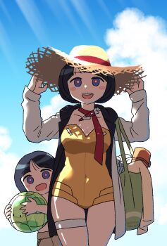 1boy 1girl arms_up bag ball beachball black_hair blue_eyes blue_sky blush_stickers breasts brown_shorts cleavage cloud coat commentary day green_bag gundam gundam_gquuuuuux hat highres looking_at_viewer mother_and_son navel necktie ochishima one-piece_swimsuit open_mouth outdoors red_necktie shiiko_sugai shiiko_sugai's_son shorts shoulder_bag sky straw_hat swimsuit teeth thigh_strap upper_teeth_only white_coat yellow_one-piece_swimsuit