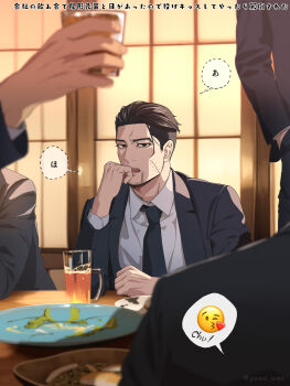 5boys absurdres alcohol bar_(place) black_hair black_jacket black_necktie collared_shirt commentary_request cup emoji facial_hair goatee_stubble golden_kamuy hair_slicked_back highres indoors jacket long_sleeves looking_at_viewer male_focus multiple_boys necktie ogata_hyakunosuke open_mouth plate shirt short_hair speech_bubble stubble translation_request washiko_(rasuko) white_shirt window